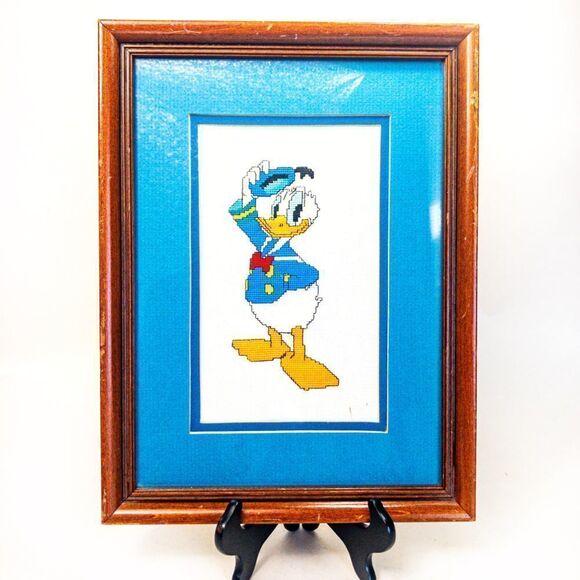 Vintage Donald Duck Framed Needlepoint Cross Stitch Nursery Decor - Picture 1 of 8